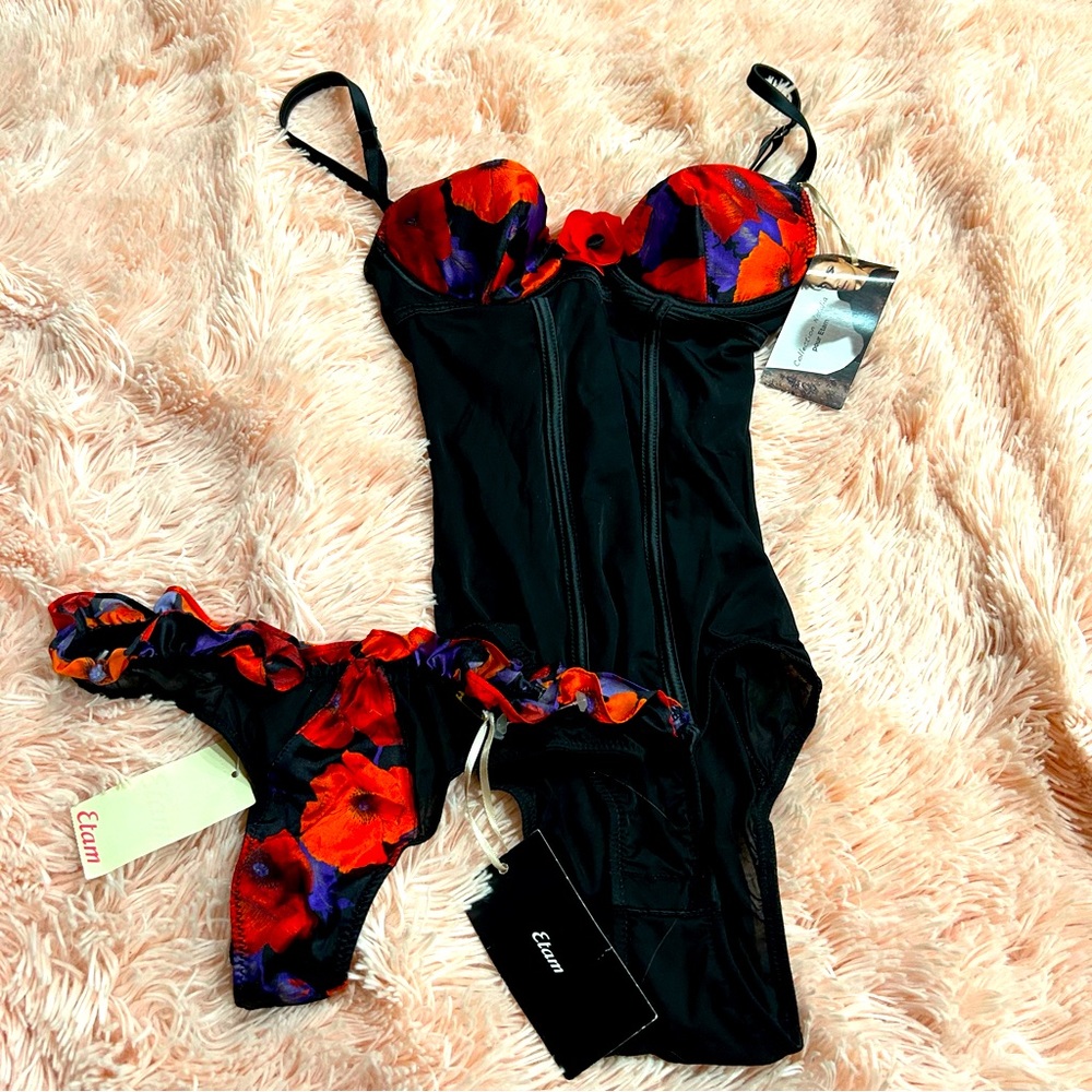 NWT Vintage Etam bodysuit and underwear string poppy flower lingerie Size XS-S